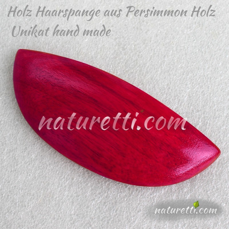 Holzschmuck, Haarspange aus Maserholz rot gebeizt und lackiert